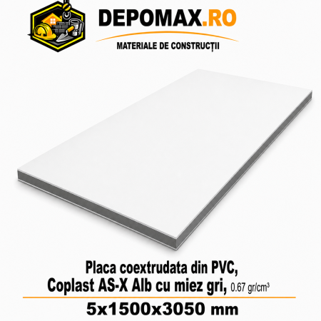Placa coextrudata PVC Coplast AS-X Alb cu miez gri 0.67 g/cm3, 5x1500x3050 mm